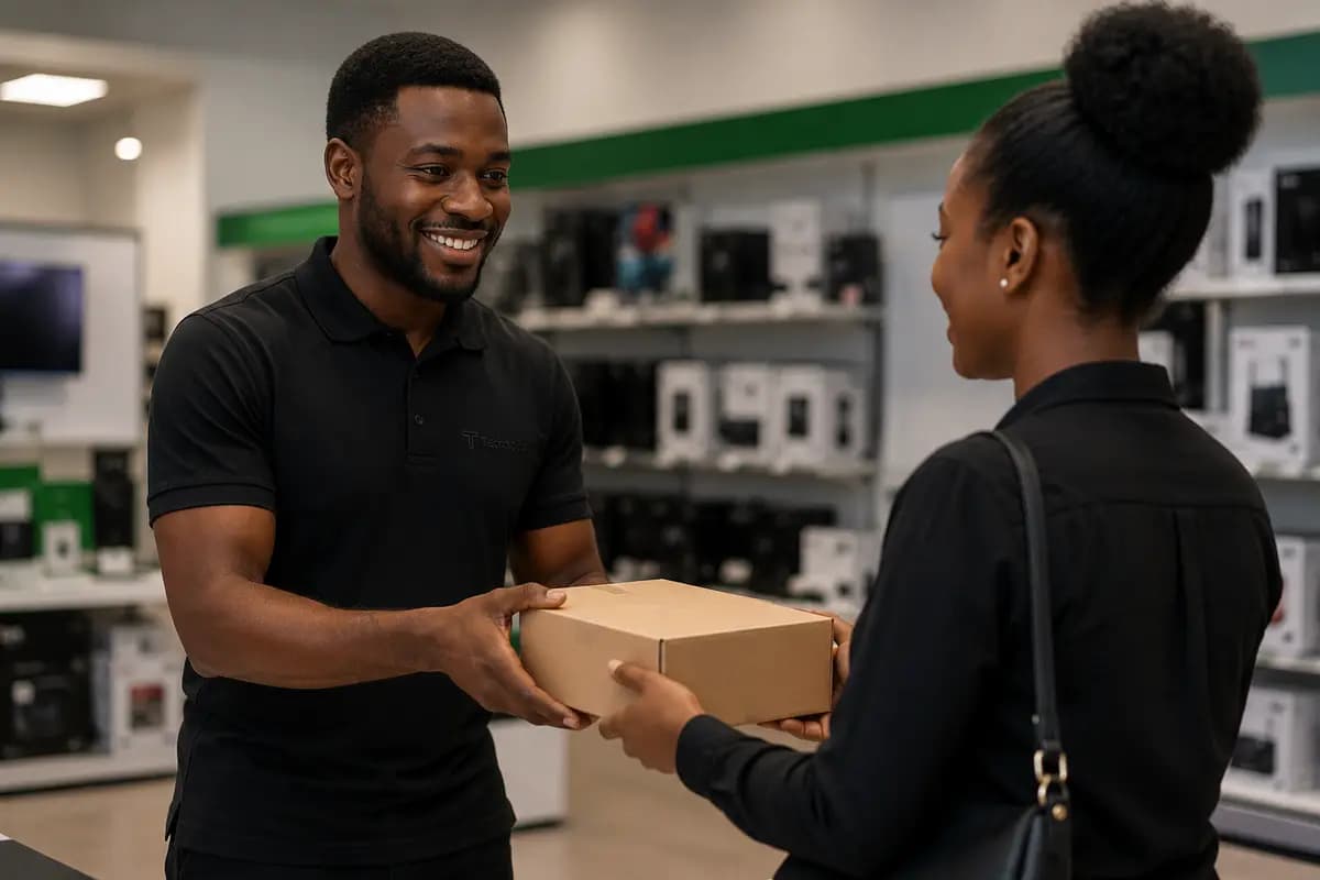 A shop assistant hands a boxed order across the counter to a customer