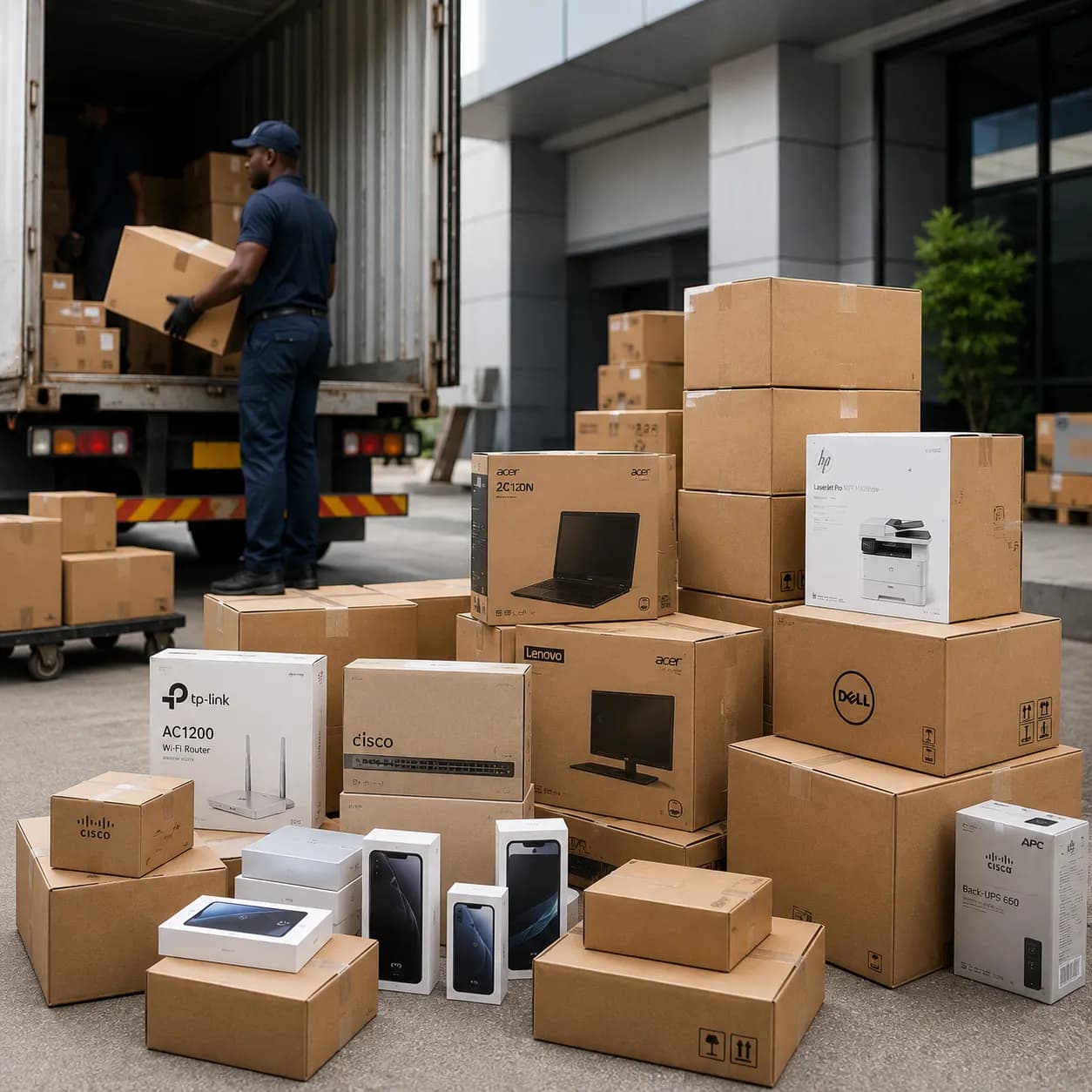 Boxed laptops, monitors and printers stacked beside a delivery truck